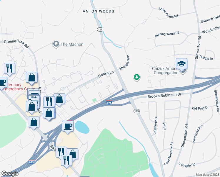 map of restaurants, bars, coffee shops, grocery stores, and more near 25 Farmhouse Court in Pikesville