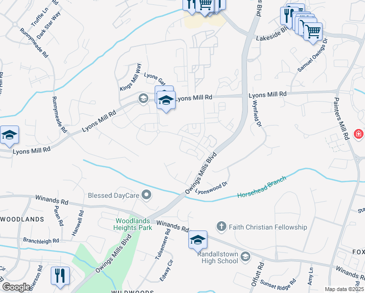 map of restaurants, bars, coffee shops, grocery stores, and more near 9440 Adelaide Lane in Owings Mills
