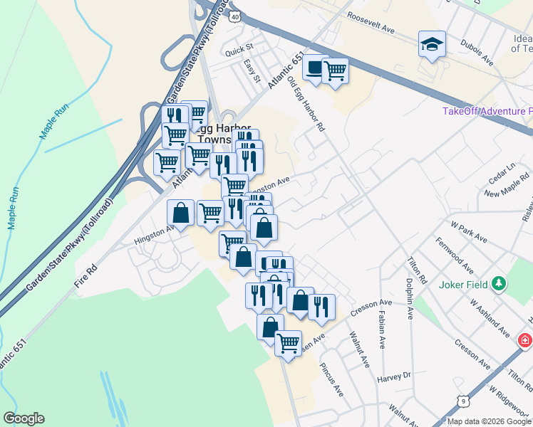 map of restaurants, bars, coffee shops, grocery stores, and more near 201 Tilton Road in Northfield