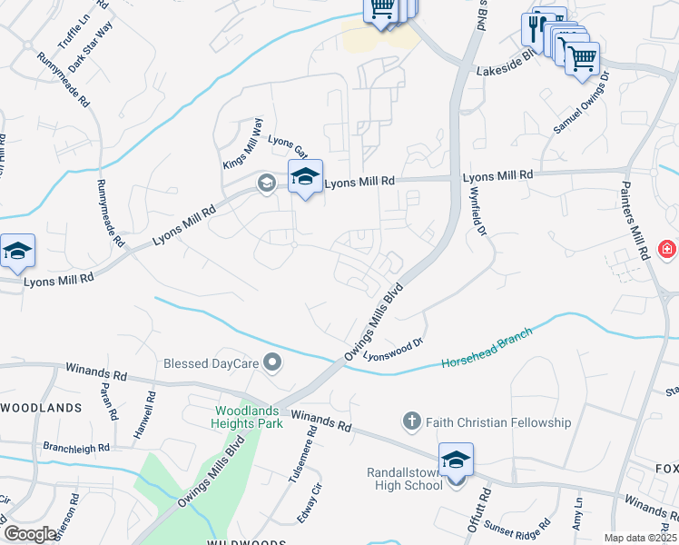 map of restaurants, bars, coffee shops, grocery stores, and more near 9440 Adelaide Lane in Owings Mills