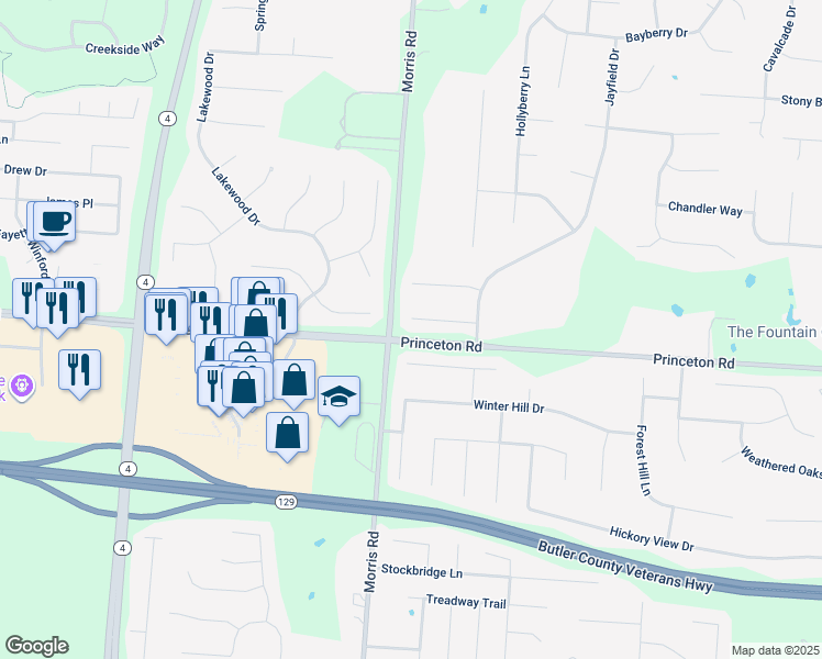 map of restaurants, bars, coffee shops, grocery stores, and more near 3633 Buttonwood Court in Hamilton