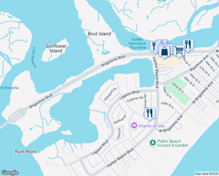 map of restaurants, bars, coffee shops, grocery stores, and more near 333 Arbegast Drive in Brigantine