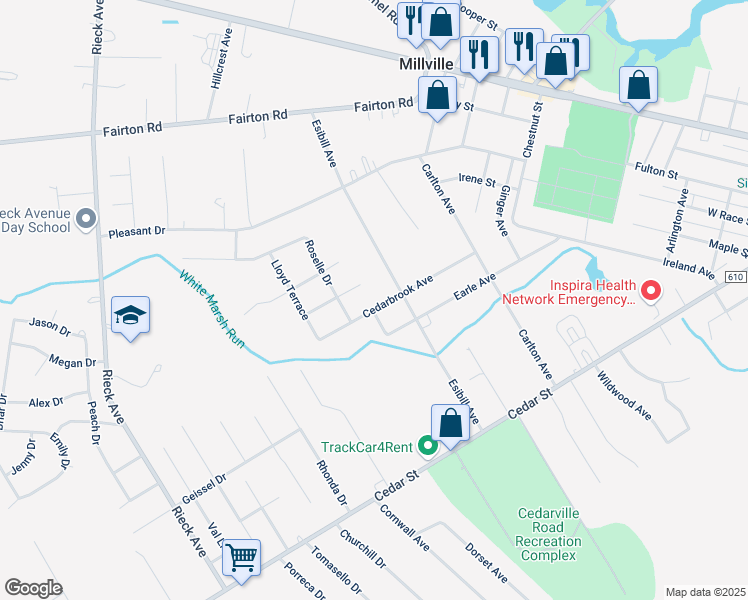 map of restaurants, bars, coffee shops, grocery stores, and more near 373 Paula Terrace in Millville