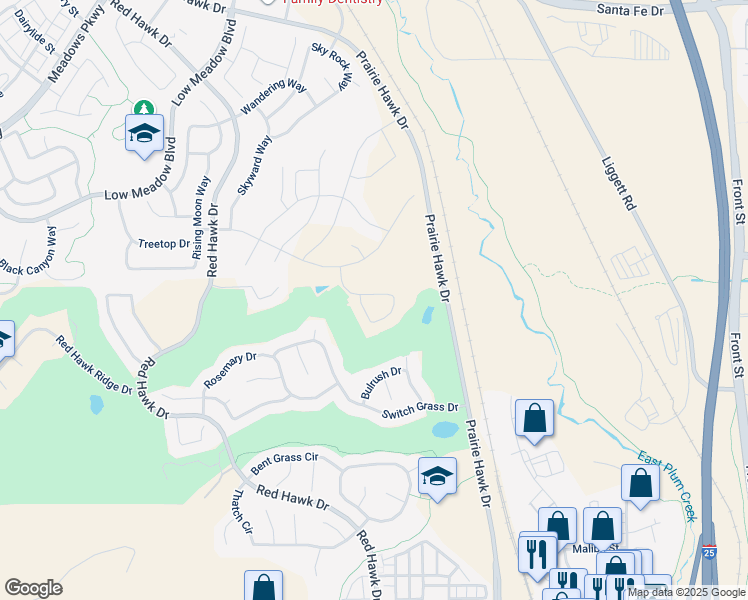 map of restaurants, bars, coffee shops, grocery stores, and more near 1413 Switch Grass Court in Castle Rock