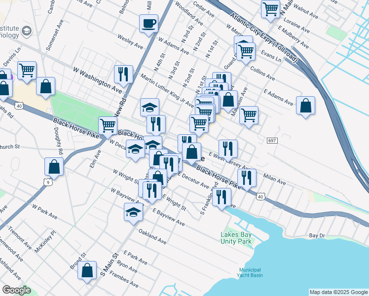 map of restaurants, bars, coffee shops, grocery stores, and more near in Pleasantville