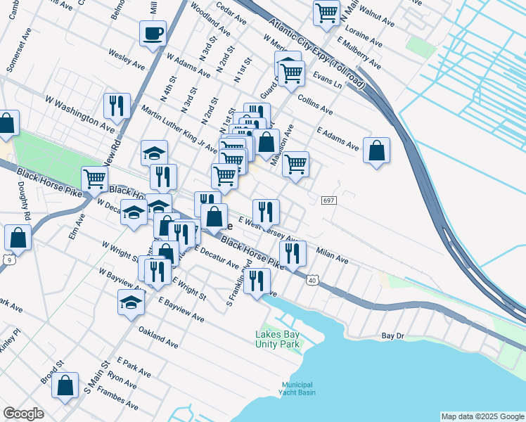 map of restaurants, bars, coffee shops, grocery stores, and more near 79 East Washington Avenue in Pleasantville