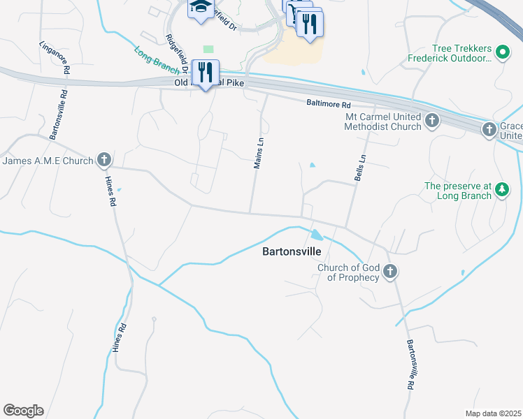 map of restaurants, bars, coffee shops, grocery stores, and more near 5747 Bartonsville Road in Frederick