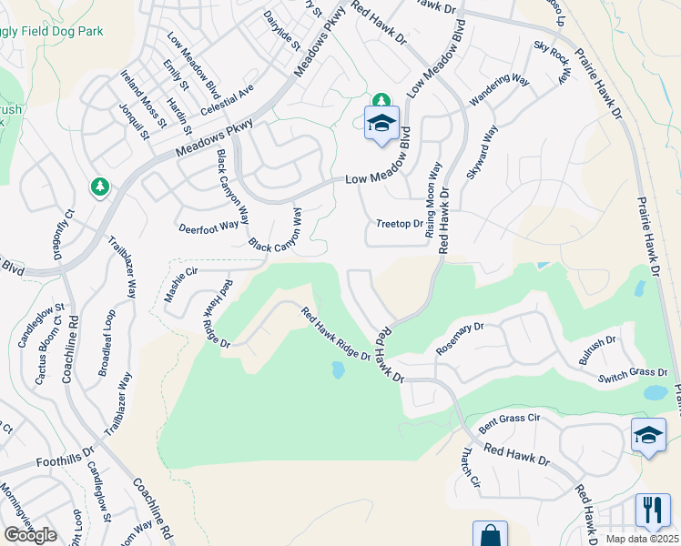 map of restaurants, bars, coffee shops, grocery stores, and more near 2657 Treetop Drive in Castle Rock