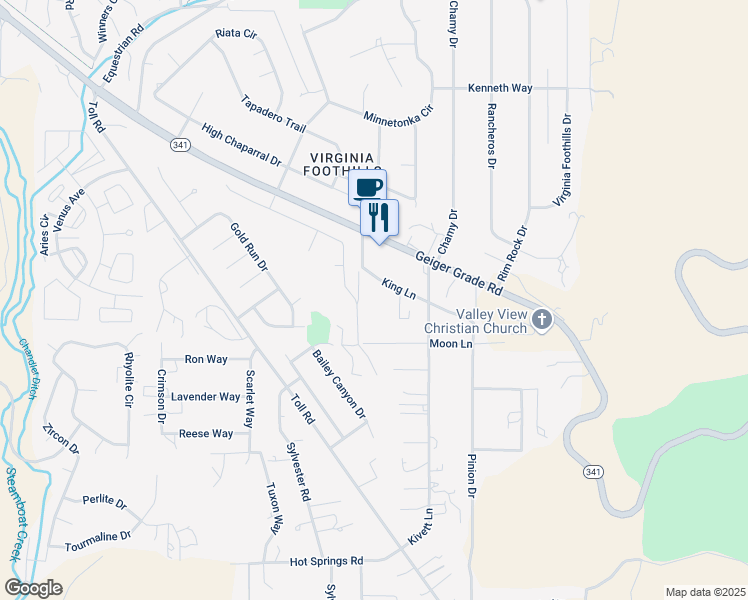 map of restaurants, bars, coffee shops, grocery stores, and more near 1575 Geiger Grade Road in Reno