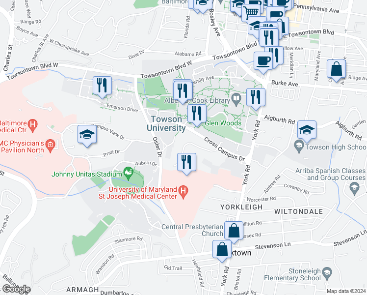 map of restaurants, bars, coffee shops, grocery stores, and more near 7723 Greenview Terrace in Towson