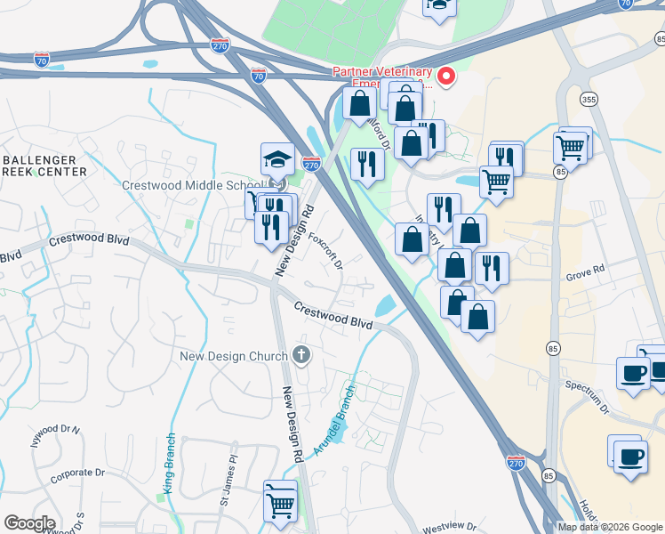 map of restaurants, bars, coffee shops, grocery stores, and more near 5797 Brook Hill Lane in Frederick