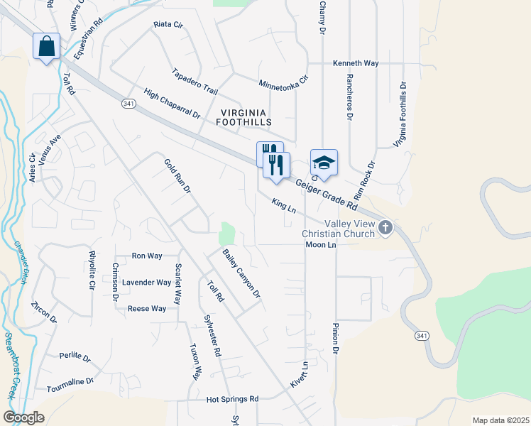map of restaurants, bars, coffee shops, grocery stores, and more near 1575 Geiger Grade Road in Reno