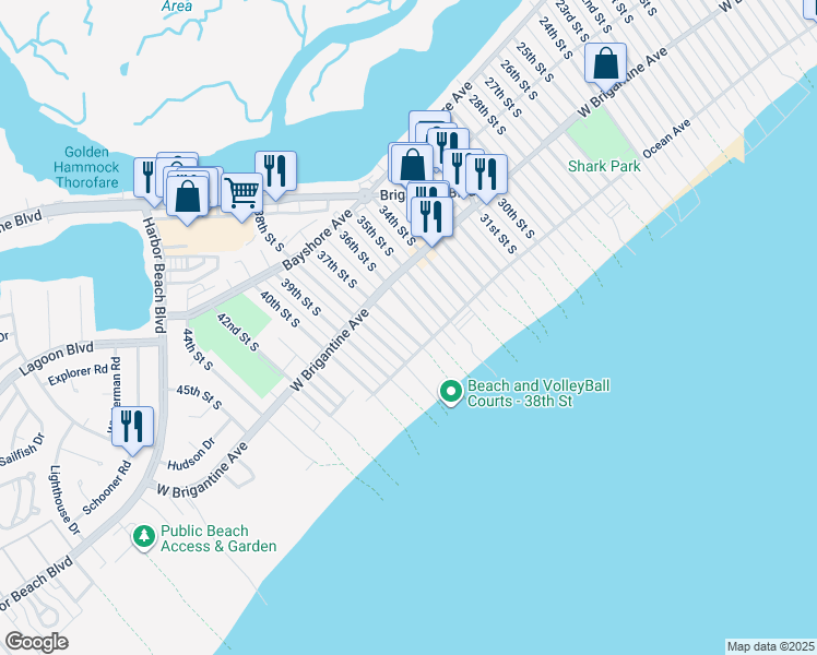 map of restaurants, bars, coffee shops, grocery stores, and more near 322 36th Street South in Brigantine