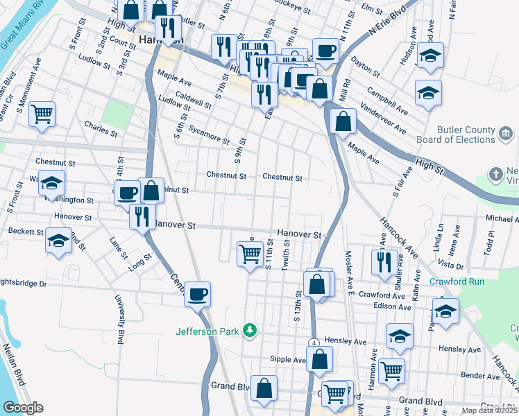 map of restaurants, bars, coffee shops, grocery stores, and more near 421 South 11th Street in Hamilton