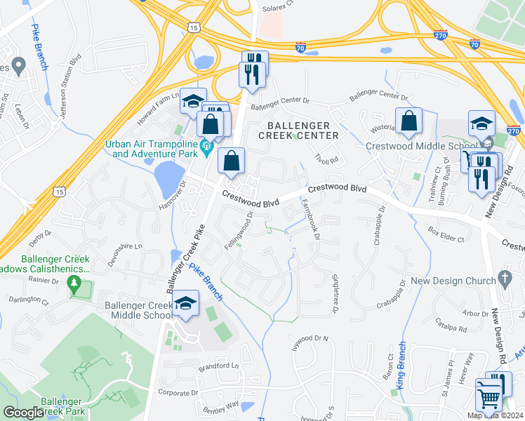 map of restaurants, bars, coffee shops, grocery stores, and more near 6610 Spokeshave Court in Frederick