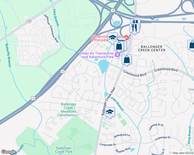 map of restaurants, bars, coffee shops, grocery stores, and more near Hannover Drive in Frederick