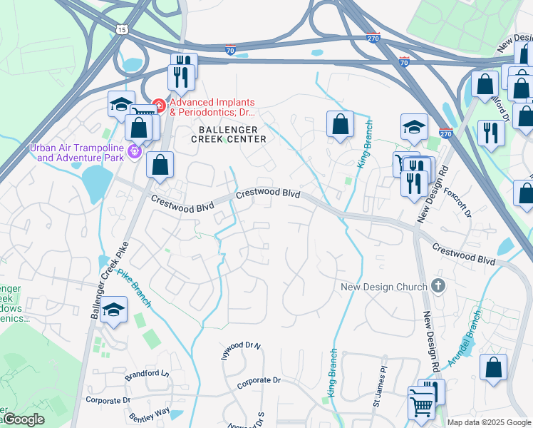 map of restaurants, bars, coffee shops, grocery stores, and more near 6709 Kernel Court in Frederick