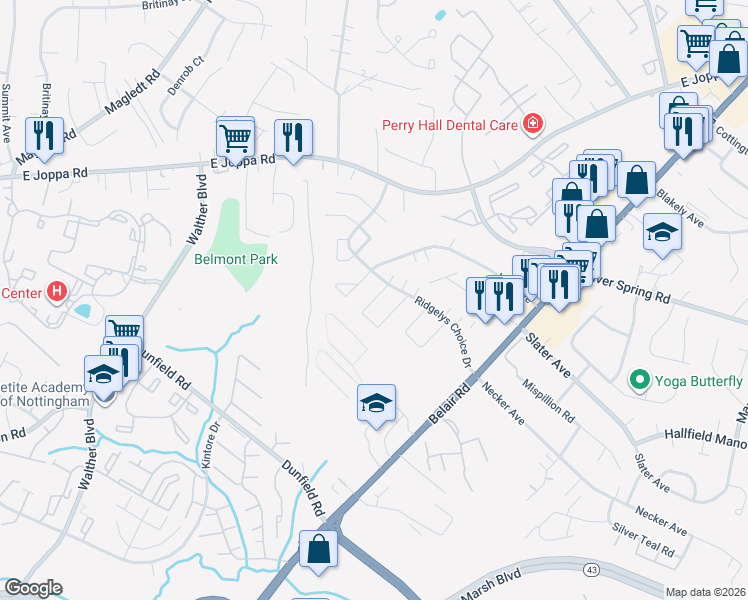 map of restaurants, bars, coffee shops, grocery stores, and more near 3721 Timahoe Circle in Nottingham