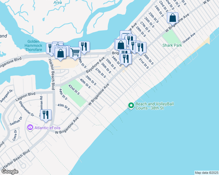 map of restaurants, bars, coffee shops, grocery stores, and more near 3701 West Brigantine Avenue in Brigantine