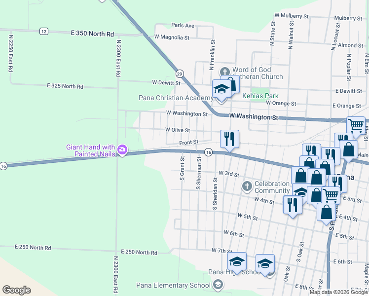 map of restaurants, bars, coffee shops, grocery stores, and more near 6 Carr Street in Pana