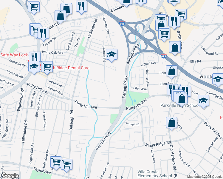 map of restaurants, bars, coffee shops, grocery stores, and more near 8401 Leefield Road in Parkville