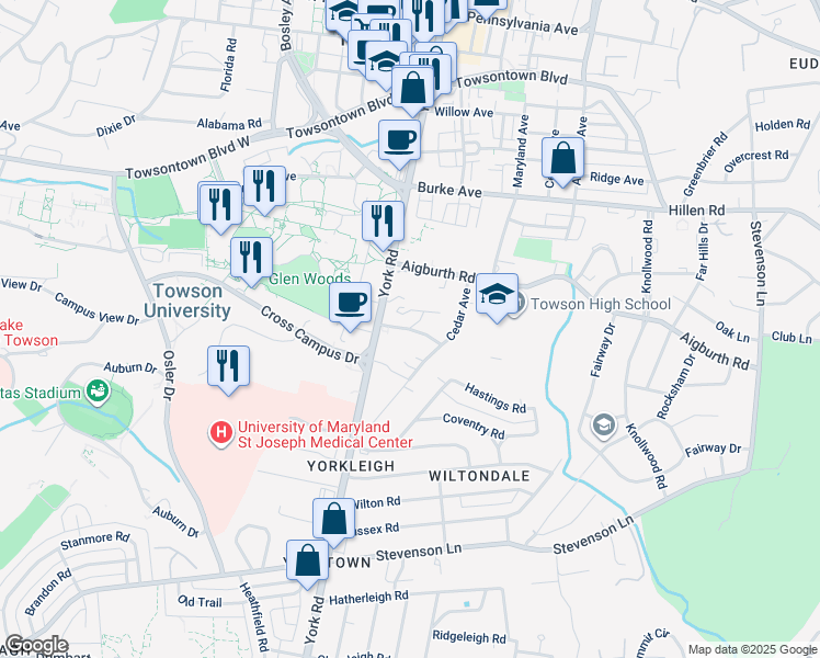 map of restaurants, bars, coffee shops, grocery stores, and more near 11 Hillside Avenue in Towson