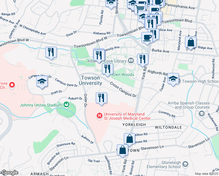 map of restaurants, bars, coffee shops, grocery stores, and more near 7730 Greenview Terrace in Towson