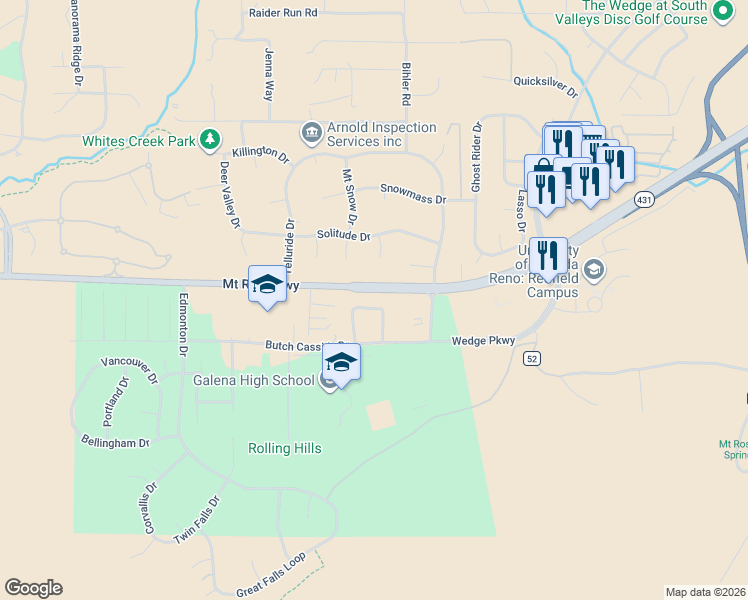 map of restaurants, bars, coffee shops, grocery stores, and more near 1768 Kodiak Circle in Reno