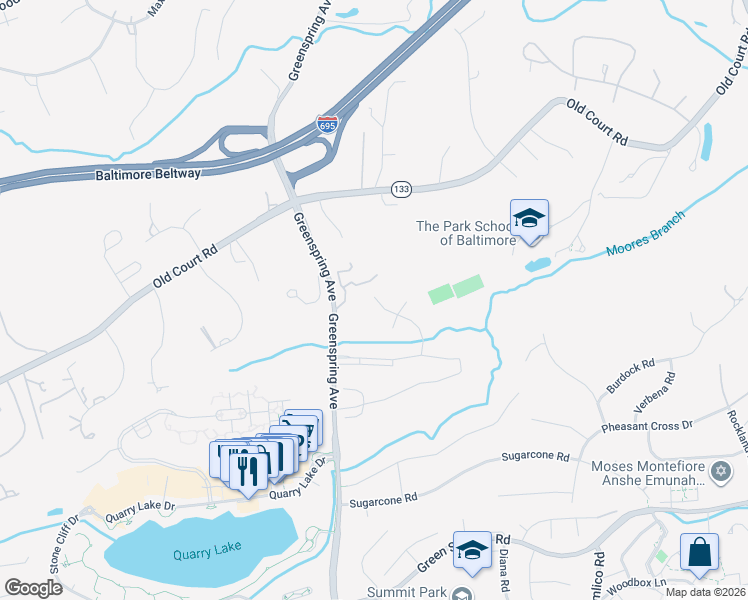 map of restaurants, bars, coffee shops, grocery stores, and more near 7530 Stream Crossing Road in Baltimore