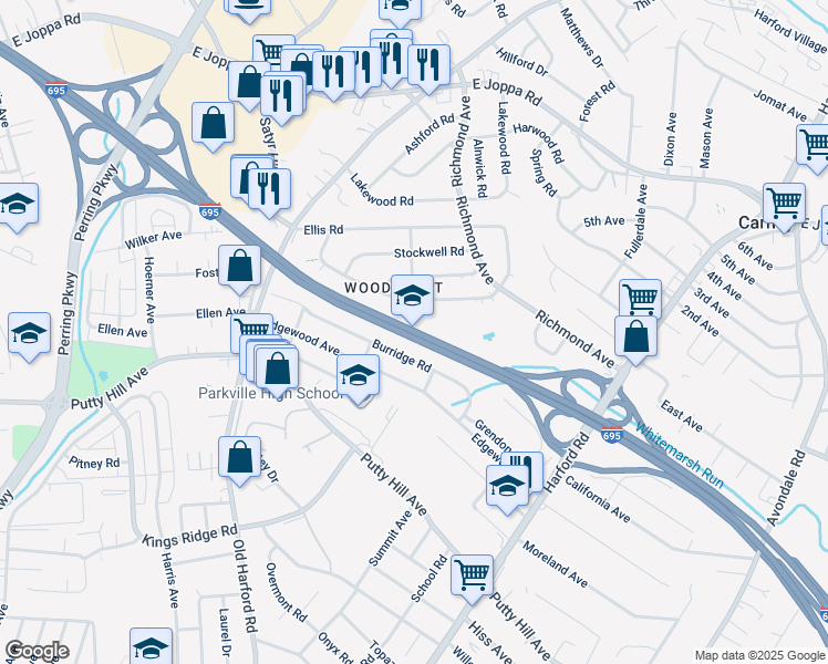 map of restaurants, bars, coffee shops, grocery stores, and more near in Parkville