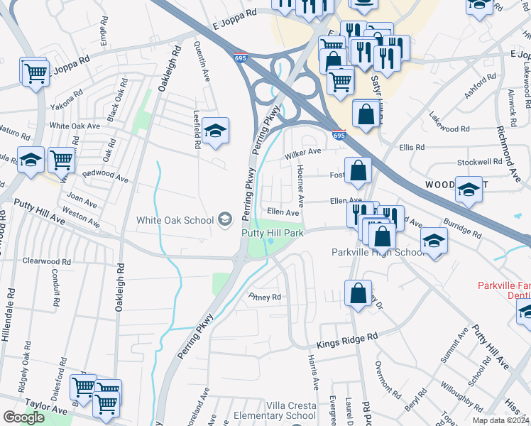 map of restaurants, bars, coffee shops, grocery stores, and more near 2205 Ellen Avenue in Parkville