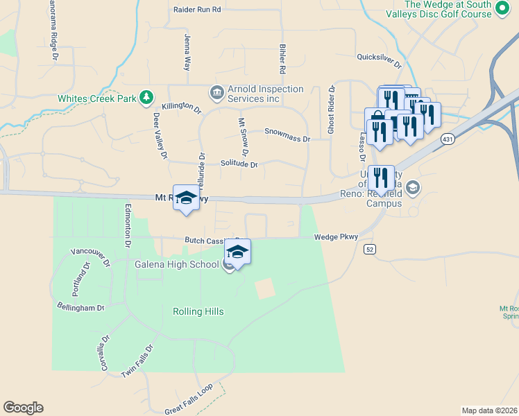 map of restaurants, bars, coffee shops, grocery stores, and more near 1768 Kodiak Circle in Reno