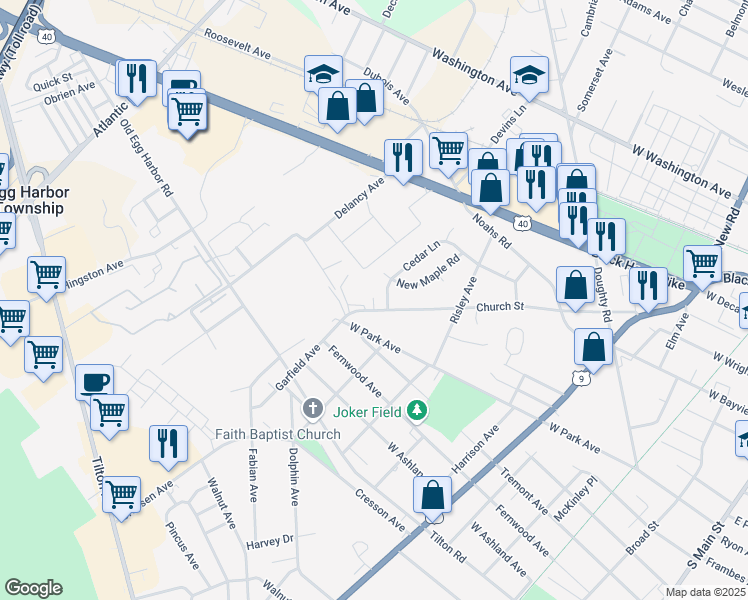 map of restaurants, bars, coffee shops, grocery stores, and more near 842 Cedar Lane in Pleasantville