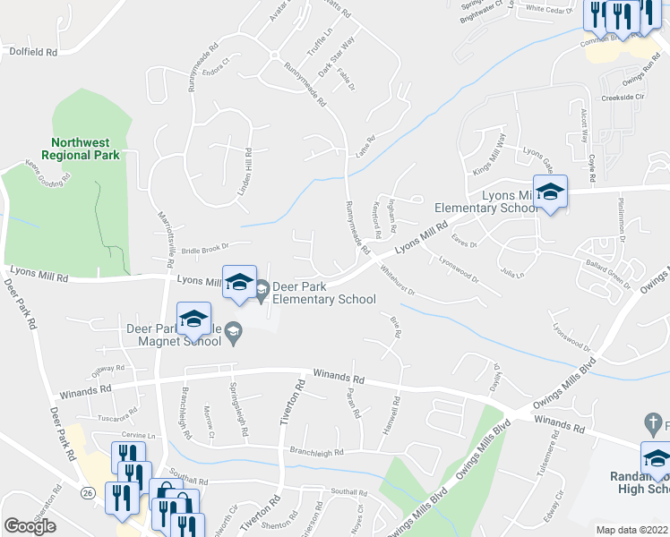 map of restaurants, bars, coffee shops, grocery stores, and more near 6 Amberlady Court in Owings Mills