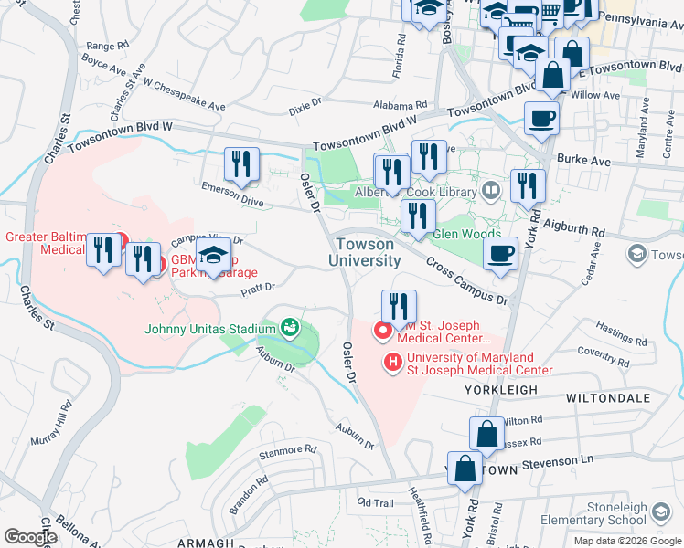 map of restaurants, bars, coffee shops, grocery stores, and more near 7598 Osler Drive in Towson