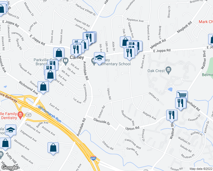 map of restaurants, bars, coffee shops, grocery stores, and more near 3303 Upton Road in Parkville