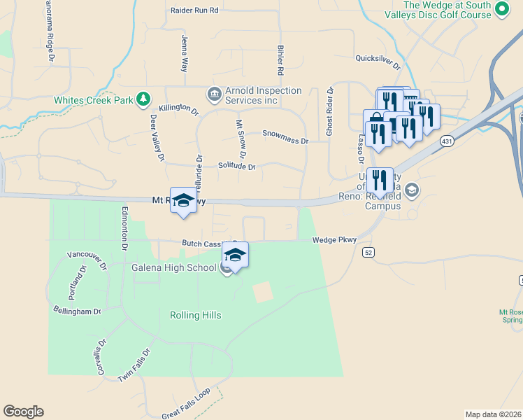 map of restaurants, bars, coffee shops, grocery stores, and more near 1768 Kodiak Circle in Reno