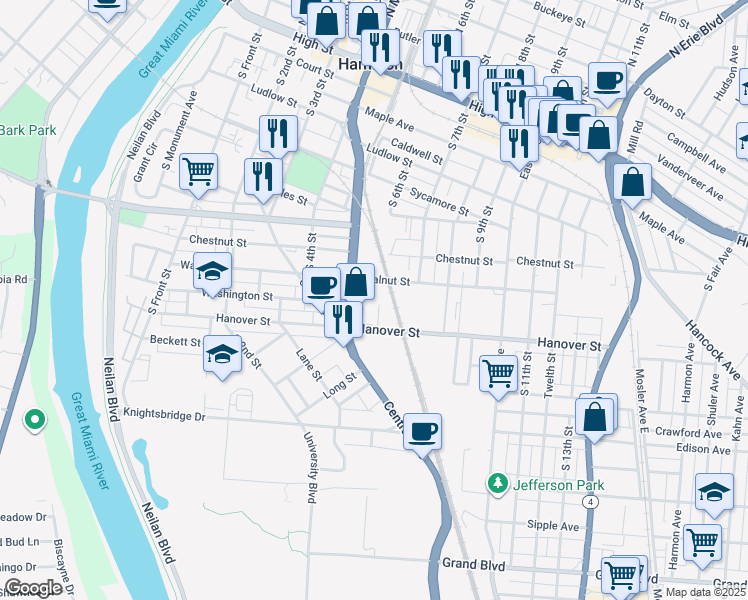 map of restaurants, bars, coffee shops, grocery stores, and more near 820 South Martin Luther King Junior Boulevard in Hamilton