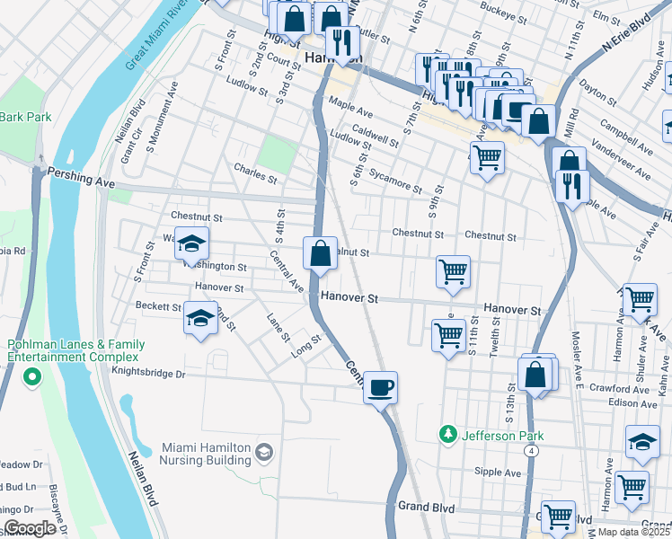 map of restaurants, bars, coffee shops, grocery stores, and more near 820 South Martin Luther King Junior Boulevard in Hamilton