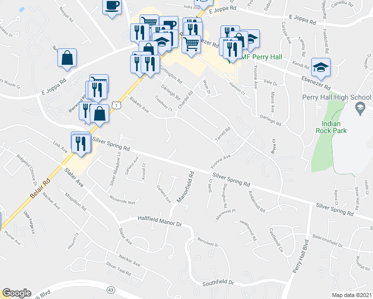 map of restaurants, bars, coffee shops, grocery stores, and more near 4312 Silver Spring Road in Perry Hall
