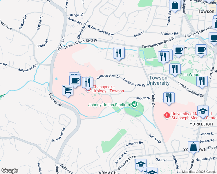 map of restaurants, bars, coffee shops, grocery stores, and more near 6501 North Charles Street in Baltimore