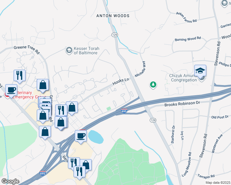map of restaurants, bars, coffee shops, grocery stores, and more near 33 Saddle Court in Pikesville