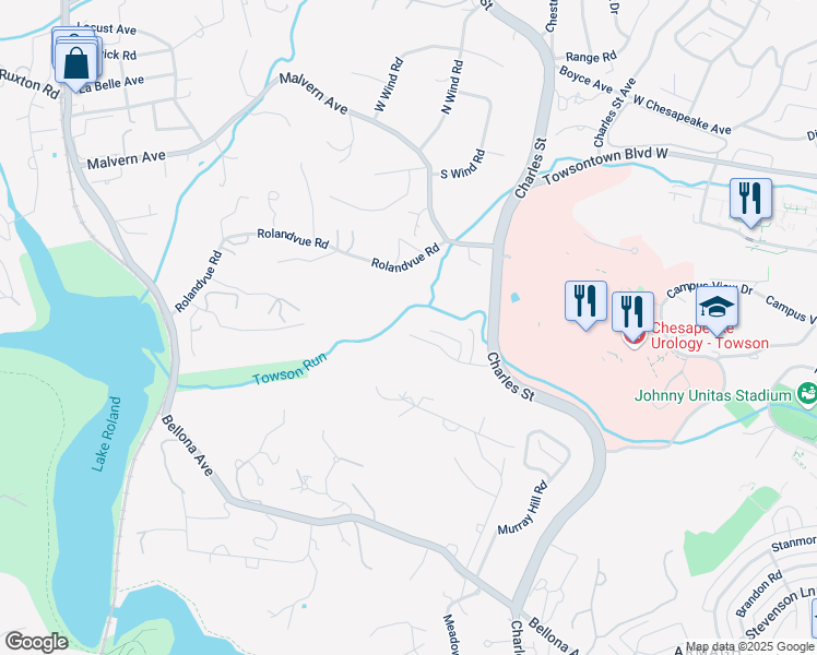 map of restaurants, bars, coffee shops, grocery stores, and more near 6639 Charlesway in Towson