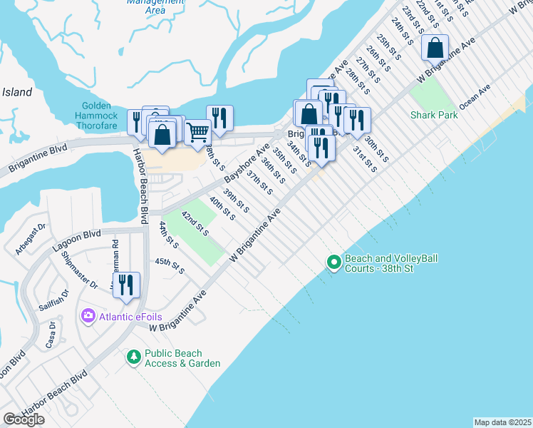 map of restaurants, bars, coffee shops, grocery stores, and more near 3701 West Brigantine Avenue in Brigantine