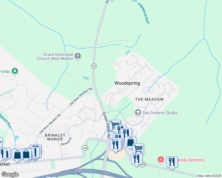 map of restaurants, bars, coffee shops, grocery stores, and more near 5759 Windwood Way in New Market