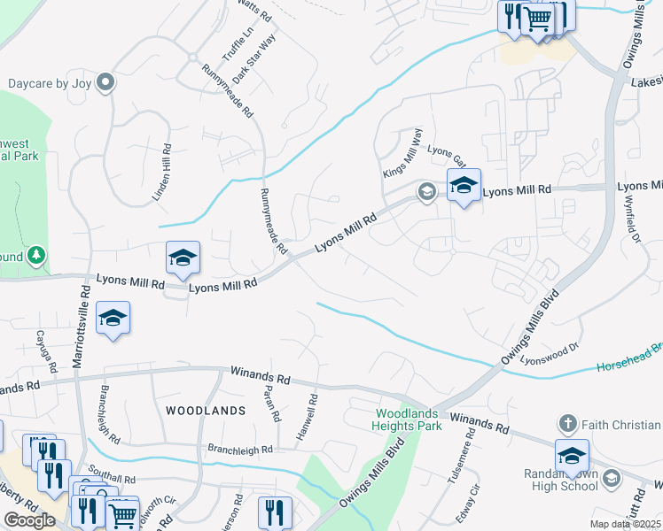 map of restaurants, bars, coffee shops, grocery stores, and more near 6 Belhaven Court in Owings Mills