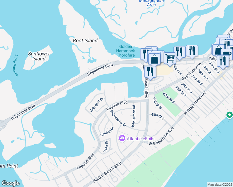 map of restaurants, bars, coffee shops, grocery stores, and more near 11 Beach Cove in Brigantine