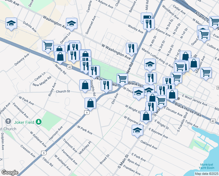 map of restaurants, bars, coffee shops, grocery stores, and more near 505 East Black Horse Pike in Pleasantville