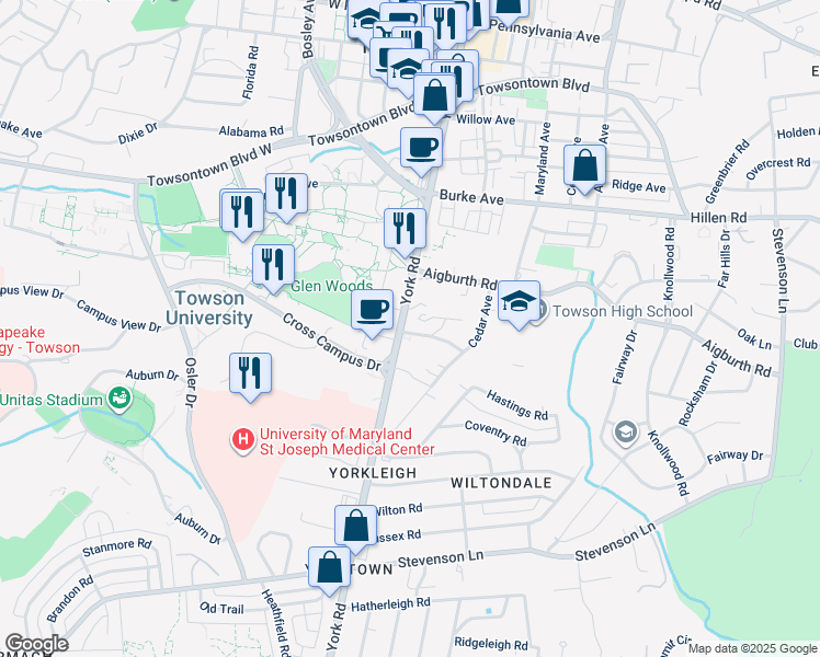 map of restaurants, bars, coffee shops, grocery stores, and more near 7901 York Road in Towson