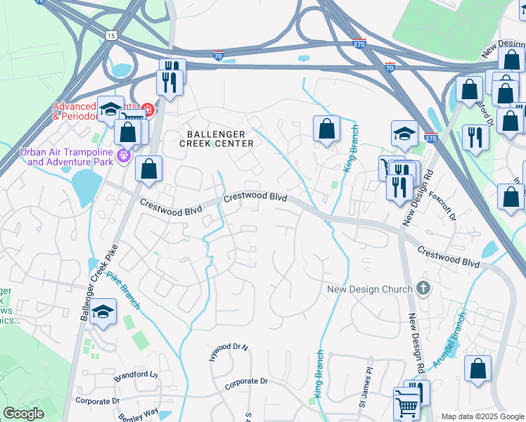 map of restaurants, bars, coffee shops, grocery stores, and more near 6727 Kernel Court in Frederick